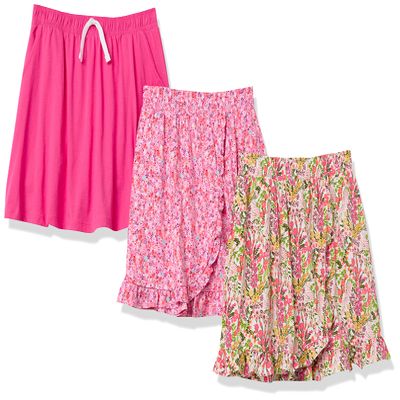 Amazon Essentials Girls' Knit Skorts with Elastic Waist and Built-in Shorts, Pack of 3, Pink Floral, XX-Large