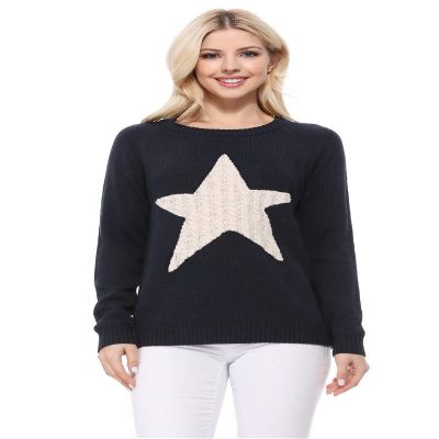 YEMAK Women's Pullover Sweater Long Sleeve Crewneck Cute Star Knitted Top Sweaters MK3506STAR-NAVY/OATMEAL-L