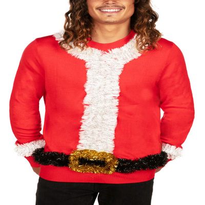 Tipsy Elves Men's Ugly Christmas Sweaters - Funny and Tacky Embellished Christmas Sweaters for Men - Red Tinsel Santa Outfit Christmas Sweater with Tinsel Belt Cuffs and Collar Size X-Large