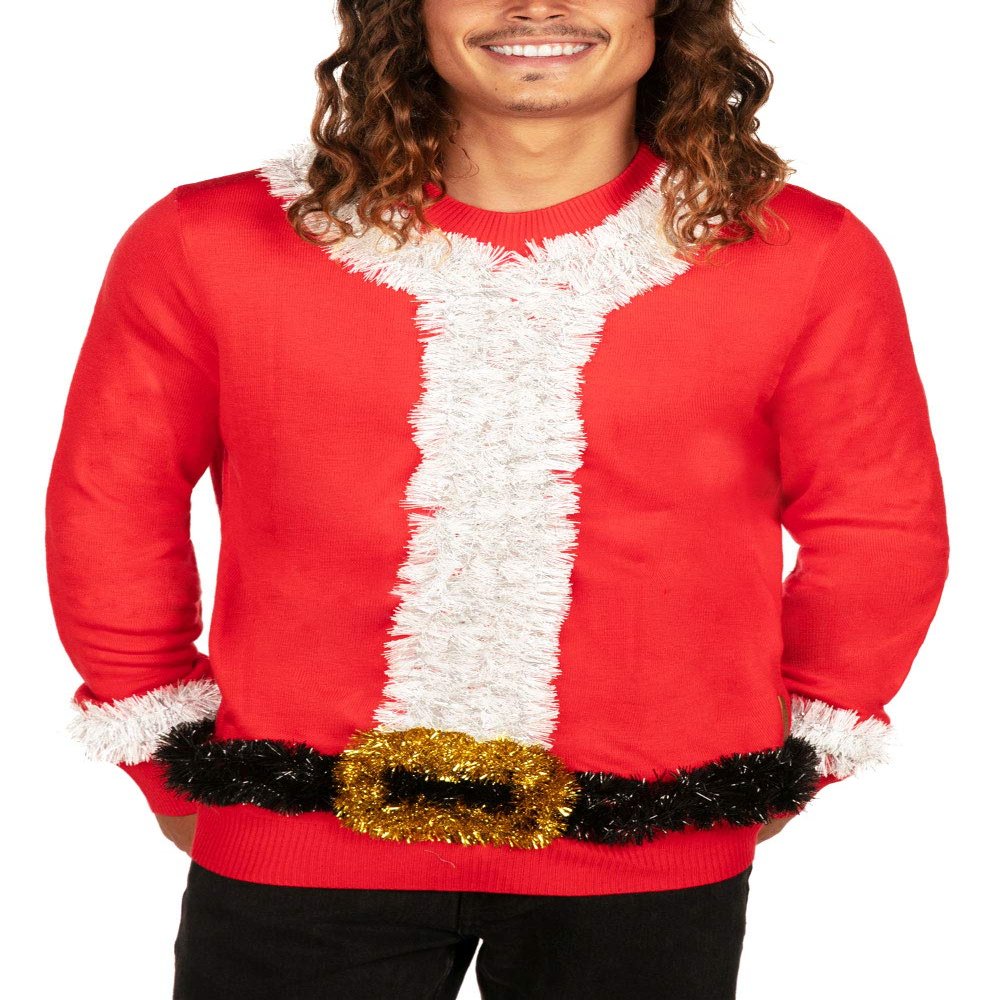 Tipsy Elves Men's Ugly Christmas Sweaters - Funny and Tacky Embellished Christmas Sweaters for Men - Red Tinsel Santa Outfit Christmas Sweater with Tinsel Belt Cuffs and Collar Size X-Large