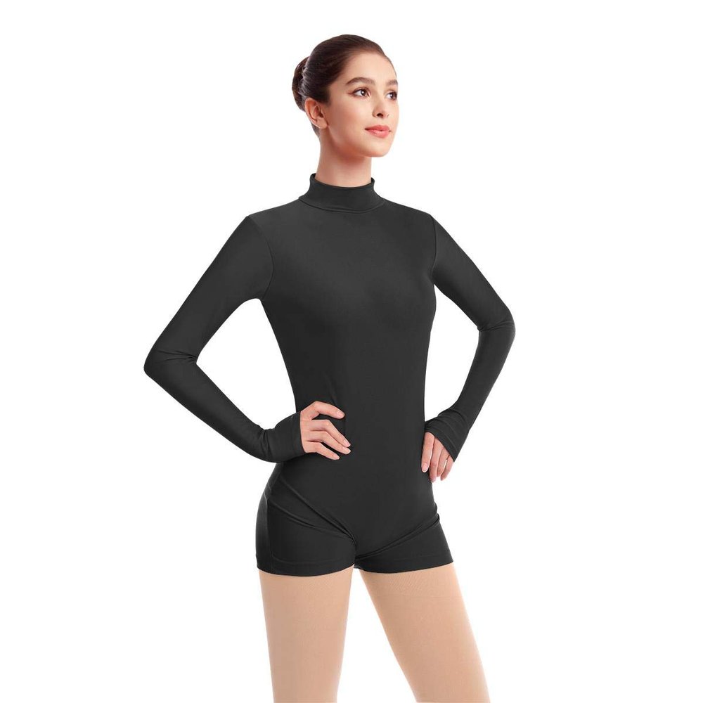 ODASDO Women Adult Mock Neck Gymnastics Dance Leotard Boyshorts Long Sleeve Bodysuit Ballet Dancewear Spandex One-piece Biketard Unitard Shorts Traning Sports Party Costume Black XL