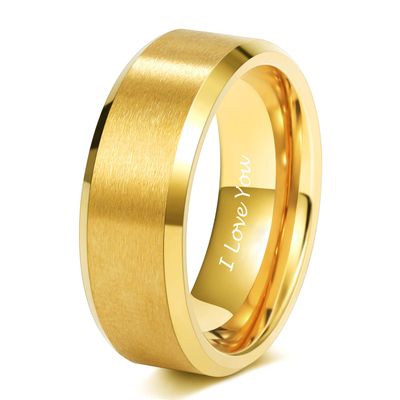 TRUMIUM 8MM Mens 24K Gold Plated Wedding Bands Tungsten Ring Engraved I Love You Beveled Edge Brushed Matte Comfort Fit Size 12