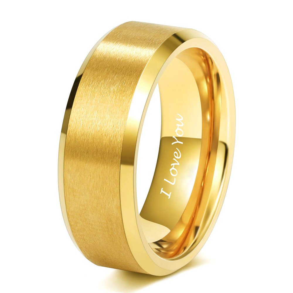 TRUMIUM 8MM Mens 24K Gold Plated Wedding Bands Tungsten Ring Engraved I Love You Beveled Edge Brushed Matte Comfort Fit Size 12