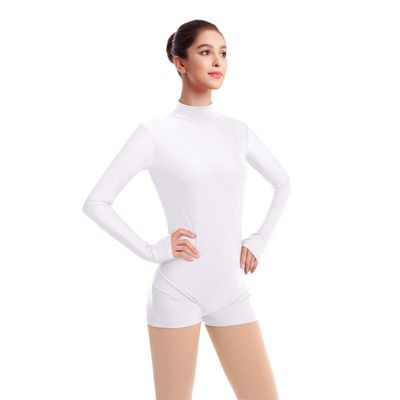 ODASDO Women Adult Mock Neck Gymnastics Dance Leotard Boyshorts Long Sleeve Bodysuit Ballet Dancewear Spandex One-piece Biketard Unitard Shorts Traning Sports Party Costume White 2XL