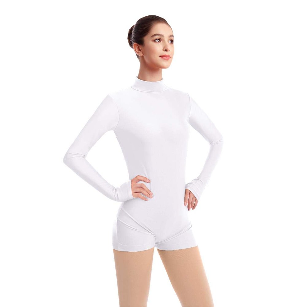 ODASDO Women Adult Mock Neck Gymnastics Dance Leotard Boyshorts Long Sleeve Bodysuit Ballet Dancewear Spandex One-piece Biketard Unitard Shorts Traning Sports Party Costume White 2XL