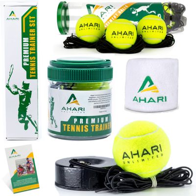 Ahari Unlimited Premium Tennis Trainer Set, Pro Rebounder with Metal Base in a Carrying Cylinder, 3 Replacement Rebound Balls, & Wristband, Portable Tennis Practice Equipment for Solo Training