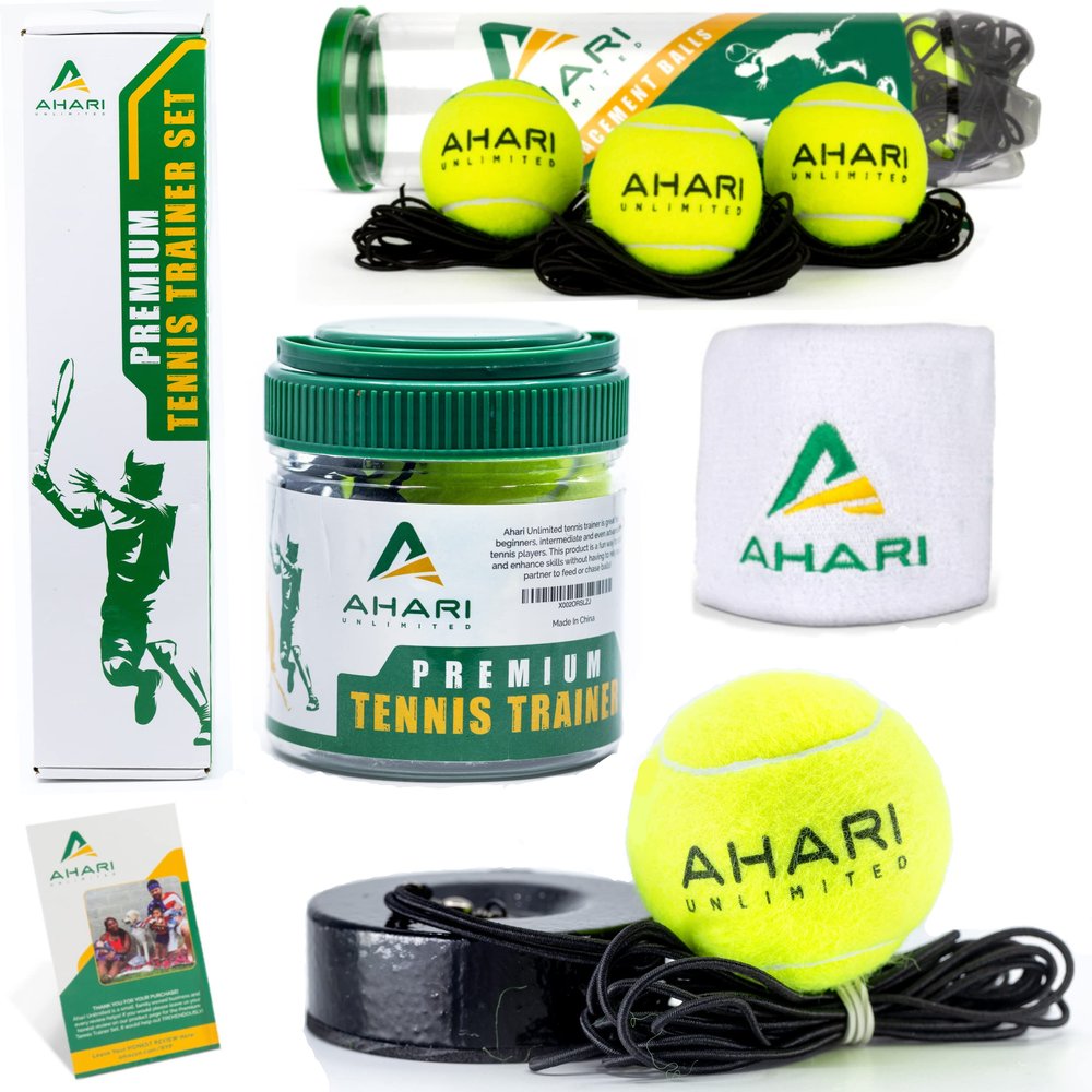 Ahari Unlimited Premium Tennis Trainer Set, Pro Rebounder with Metal Base in a Carrying Cylinder, 3 Replacement Rebound Balls, & Wristband, Portable Tennis Practice Equipment for Solo Training