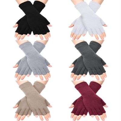 SATINIOR 6 Pairs Winter Fingerless Gloves for Women Half Finger Typing Gloves with Long Wrist Cuff Knit Fingerless Mittens for Women (Black,Light Grey,Light Tan,Wine Red,White,Dark Grey)