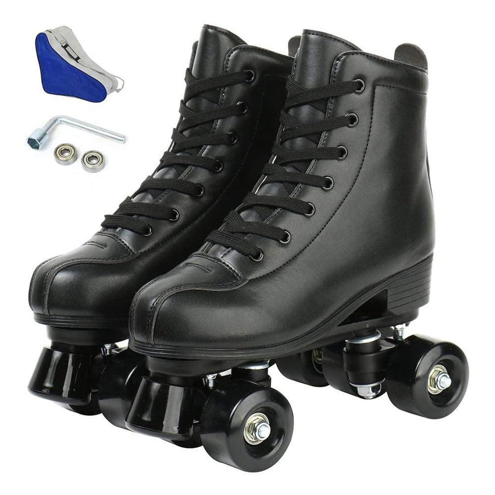 Buric Roller Skates for Women,PU Leather Womens Roller Skates Light Up Wheels,Classic Double Row Black Roller Skates 4 Flash Wheels Roller Skates Men and Girls Outdoor Indoor (Women's 10/ Men's 8.5)