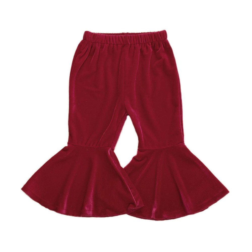 GOOCHEER Kids Toddler Little Baby Girl Fall Winter Velvet Bell Bottom Flare Pants Ruffle Leggings Trousers (Velvet-Wine Red, 1-2Years)