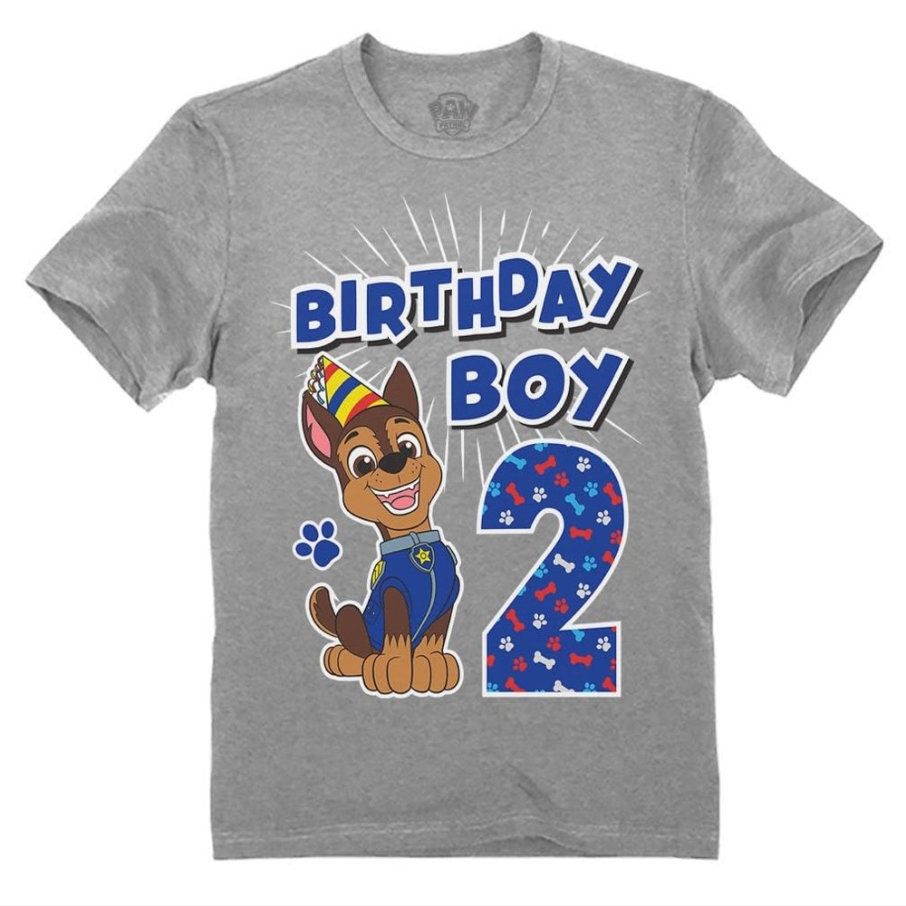Chase Paw Patrol 2nd Birthday Shirt for Boys - Toddler Party T-Shirt Gift for 2 Year Old 2T Gray