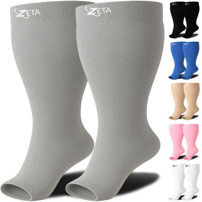 Zeta Wear 1 Pair Plus Size Compression Socks Open Toe for Women & Men | 15-19 mmHg Wide Calf Support - Fits Up to 26" Legs | Relief for Swelling, Varicose Veins, Pregnancy, Nurses, Travel