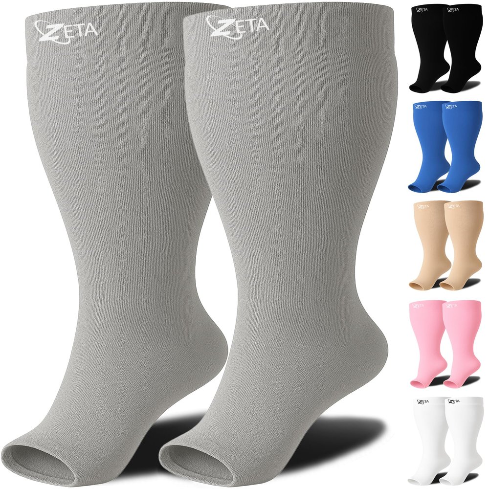Zeta Wear 1 Pair Plus Size Compression Socks Open Toe for Women & Men | 15-19 mmHg Wide Calf Support - Fits Up to 26" Legs | Relief for Swelling, Varicose Veins, Pregnancy, Nurses, Travel