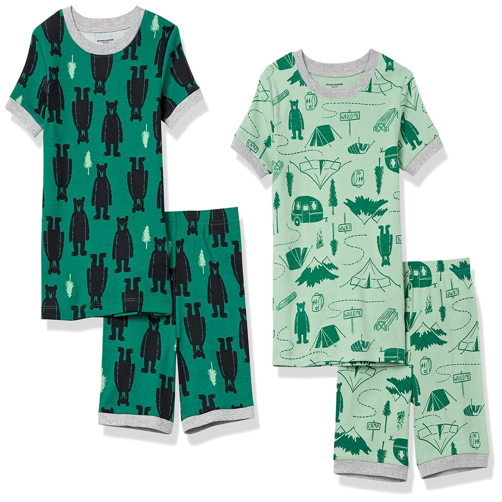 Amazon Essentials Boys' Snug-Fit Cotton Pajamas Sleepwear Sets, 4-Piece Happy Camper Shorts Set, XX-Large