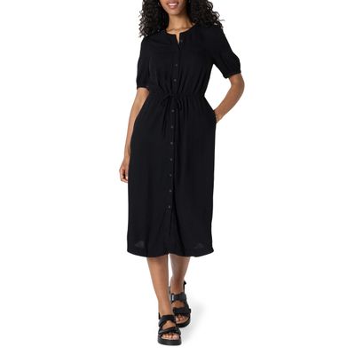 Amazon Essentials Women's Fit and Flare Half-Sleeve Waisted Midi A-Line Dress with Pockets, Black, Large