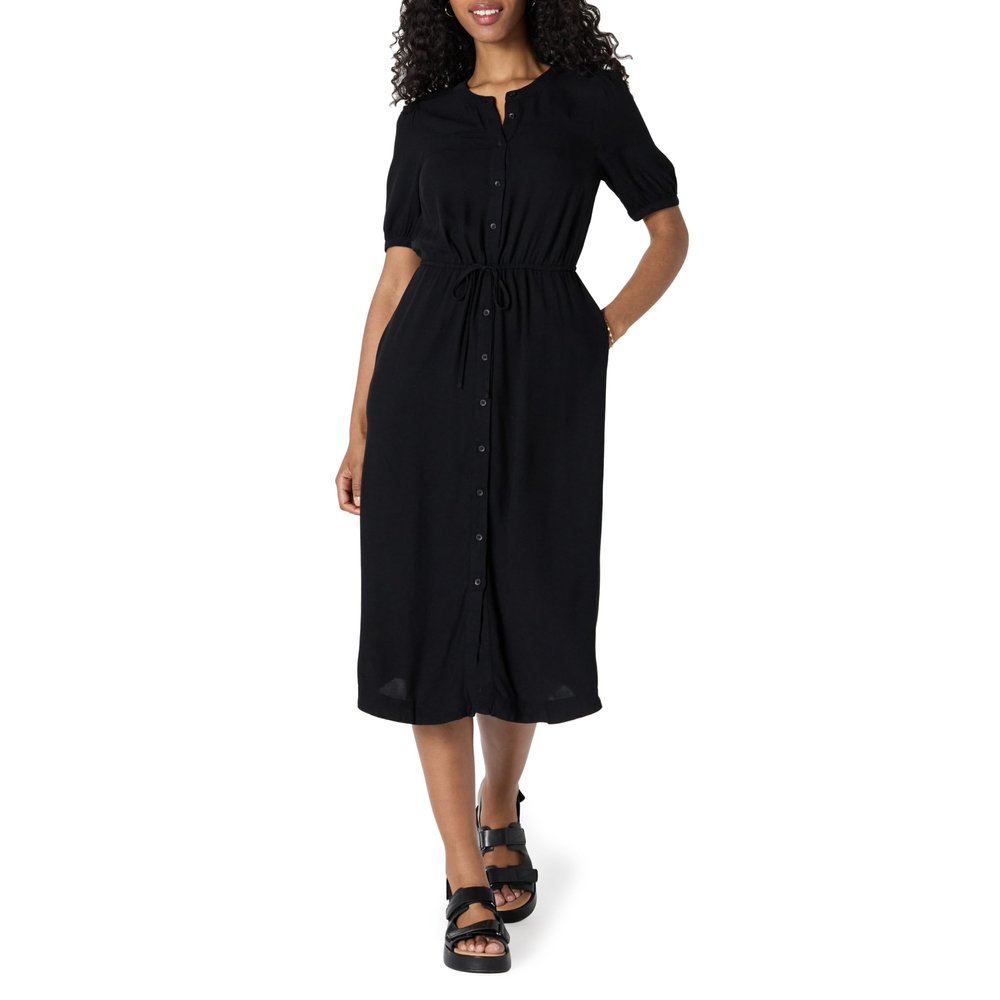 Amazon Essentials Women's Fit and Flare Half-Sleeve Waisted Midi A-Line Dress with Pockets, Black, Large
