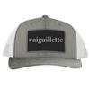 #Aiguillette - Leather Hashtag Black Patch Engraved Trucker Hat, Heather-White, One Size view 1