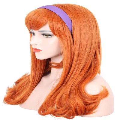 karlery Adult Women Long Curly Orange Bangs Wig Halloween Cosplay Costume Party Wig (Free Purple Headband and Wig Cap)
