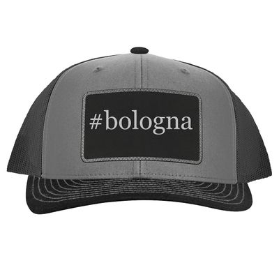 #Bologna - Leather Hashtag Black Patch Engraved Trucker Hat, Grey-Steel, One Size