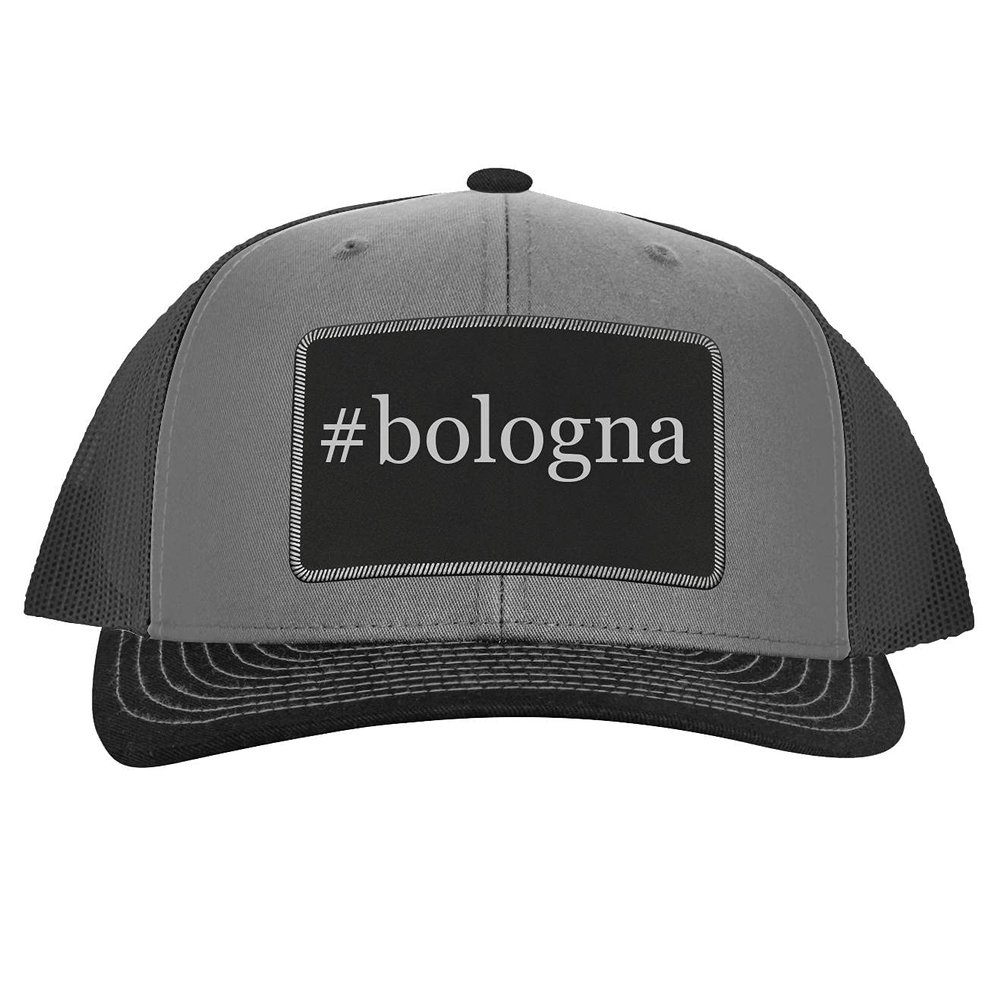 #Bologna - Leather Hashtag Black Patch Engraved Trucker Hat, Grey-Steel, One Size