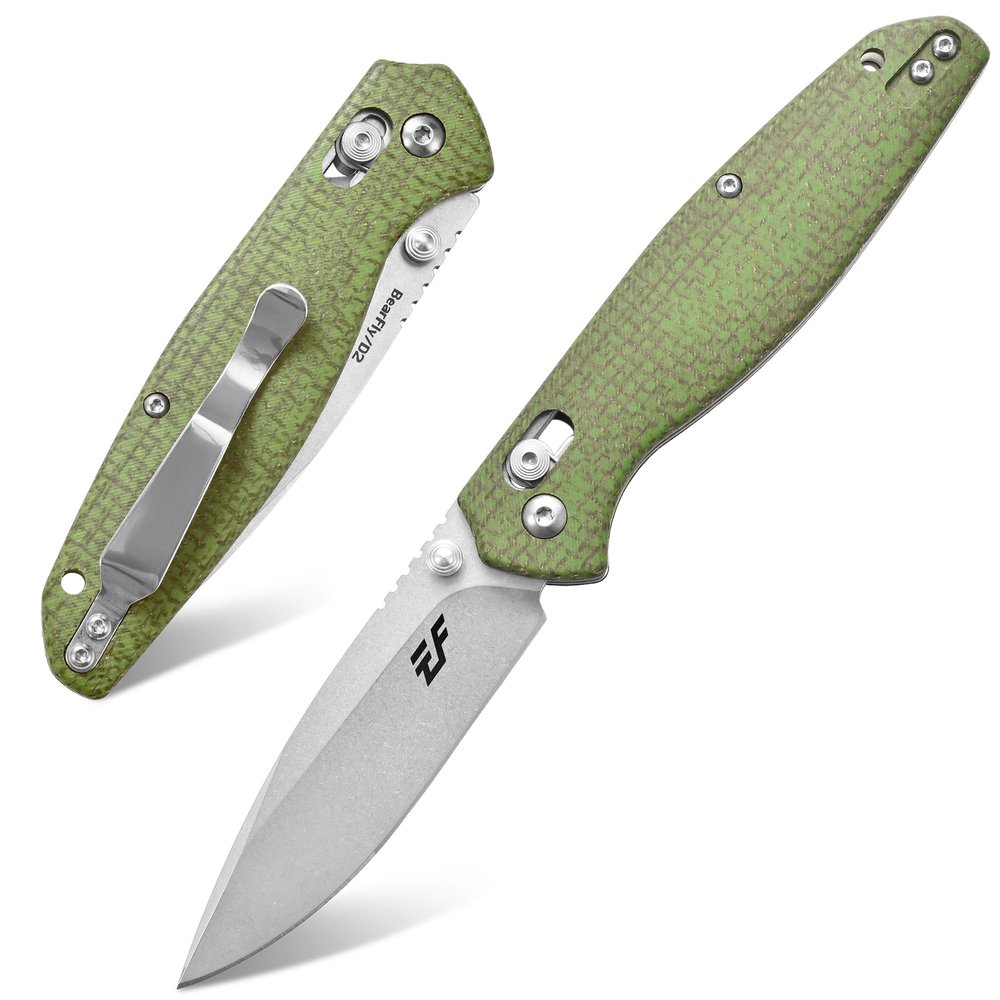 Eafengrow EF966 Folding Knife D2 Blade Micarta Handle with Pocket Clip EDC Tactical Knife thumb knobs Axis Lock EDC Multitool Knife (GREEN)