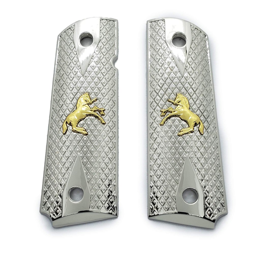 Custom Colt 1911 Grips Full Size Nickel with Gold Rampant Grips 45/38 Super Commander