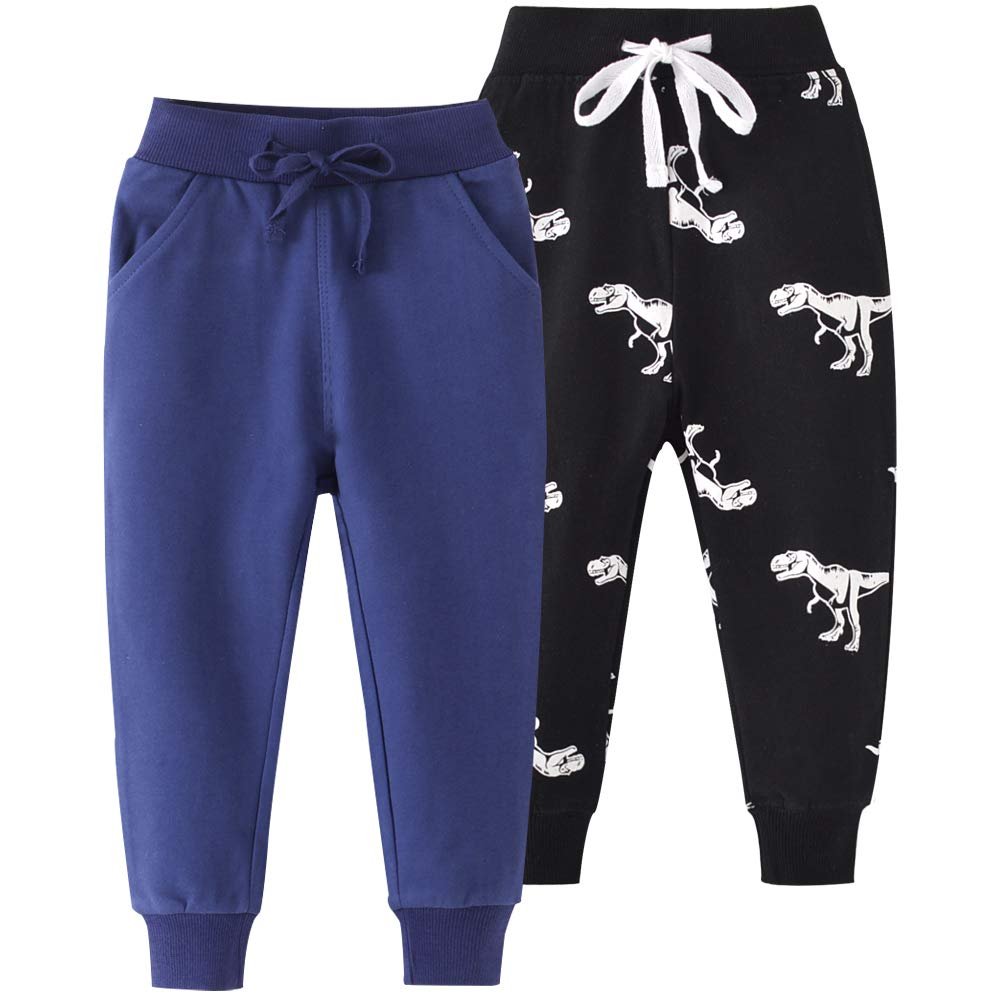 Azalquat Toddler Boy Cotton Jogging Pants, Pull-On Cartoon Picture Sweatpants 1-Pack or 2-Pack (Navy Blue & Black, 18-24 Months)