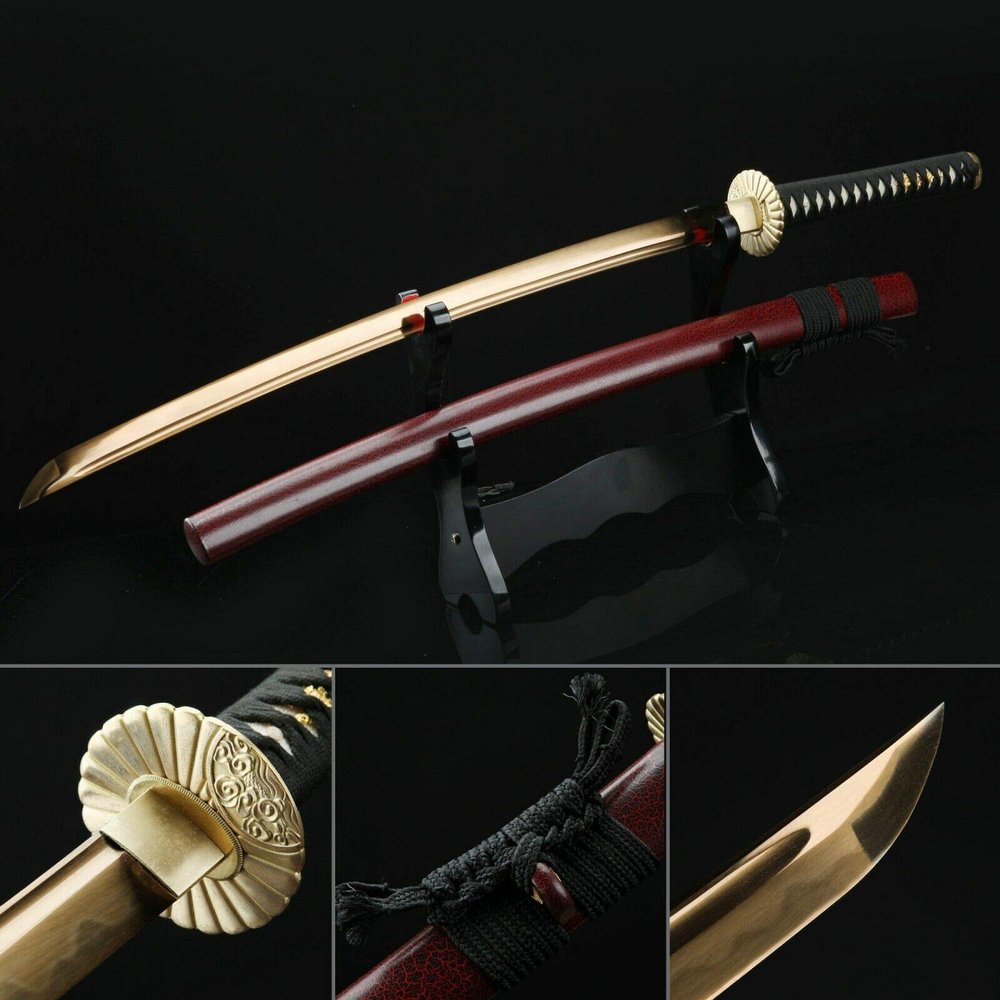 Zhmyyxgs Sword Handmade Gold Blade Sunflower Tsuba Katana Samurai Swords with Red Scabbard
