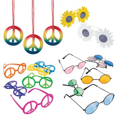 Fun Express Groovy 70s Hippie Sunglasses & Necklaces Kit Fun Accessory Set for Retro Parties, Festivals & Costume Events  for All Ages  78-Pieces