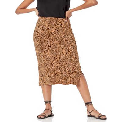Amazon Essentials Women's Pull-On Knit Midi Skirt with Elastic Waist, Stretchy (Available in Plus Size), Dark Camel Leopard, Large