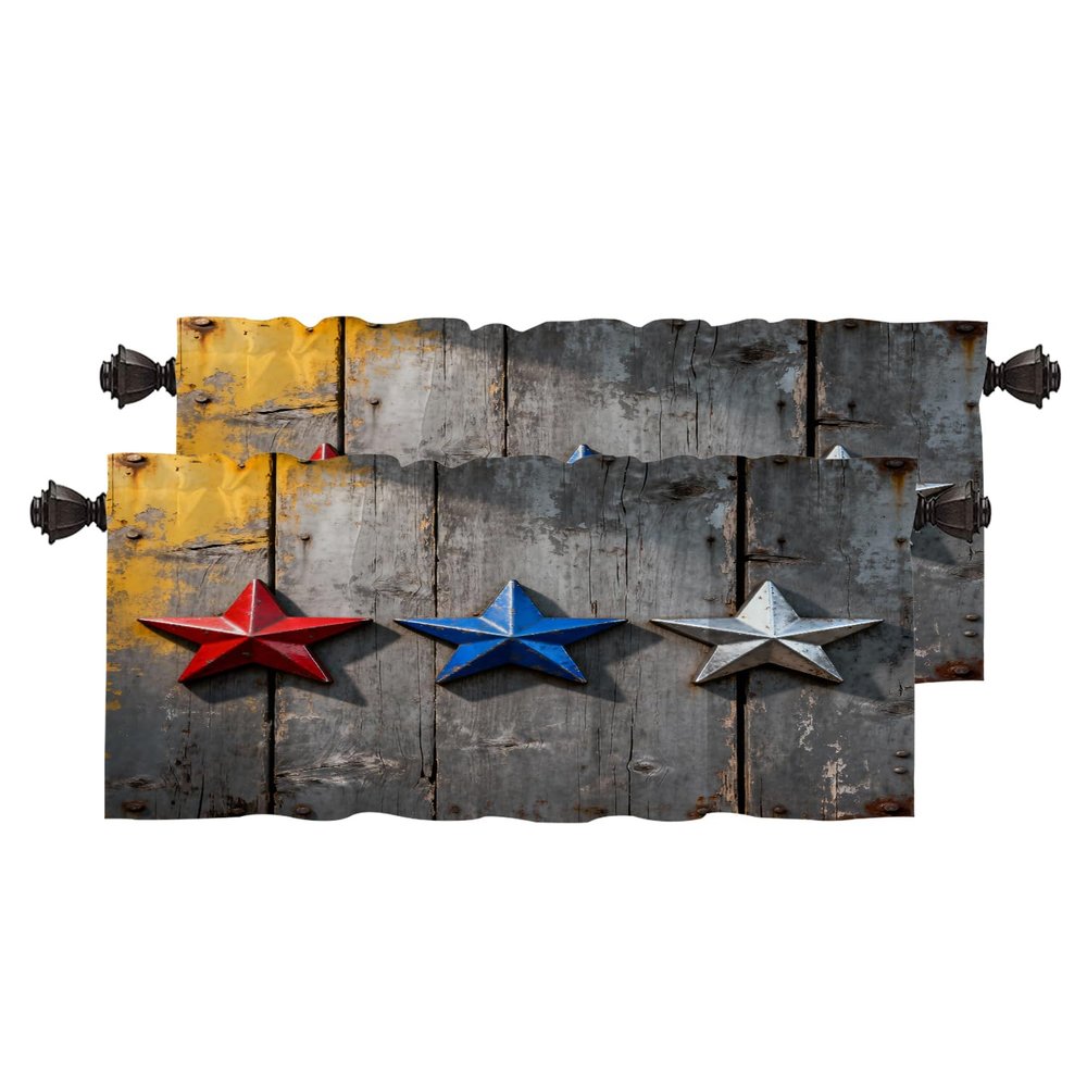 BaoNews Stars Country Wood Kitchen Valances Window Curtain, Red White and Blue Grunge Americana Blackout Decoration Small Window Valances Curtains Drapes for Kitchen Bedroom, 52 X 18 Inch Set of 2