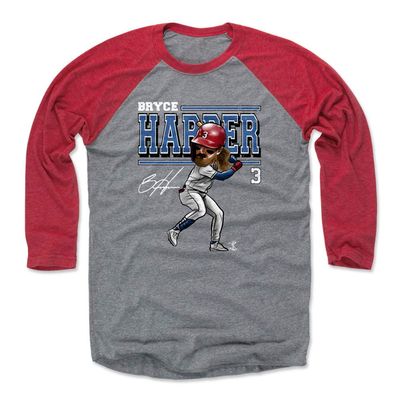 500 LEVEL Bryce Harper 3/4 Sleeve T-Shirt (Baseball Tee, XXX-Large, Red/Heather Gray) - Bryce Harper Cartoon WHT