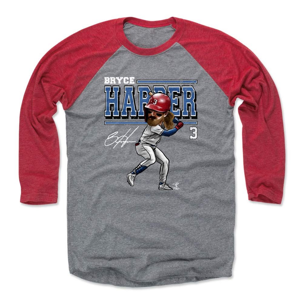 500 LEVEL Bryce Harper 3/4 Sleeve T-Shirt (Baseball Tee, XXX-Large, Red/Heather Gray) - Bryce Harper Cartoon WHT