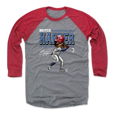 500 LEVEL Bryce Harper 3/4 Sleeve T-Shirt (Baseball Tee, X-Small, Red/Heather Gray) - Bryce Harper Cartoon WHT