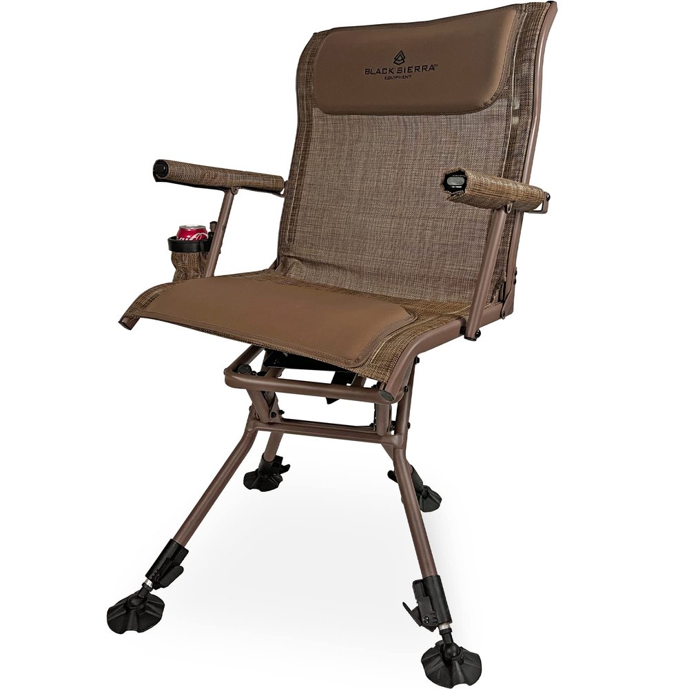 Black Sierra Heavy Duty Swivel Hunting & Camping Chair Supports 300 Lbs, XL 360 Silent Swivel for Hunting Blind, Portable Ground Chair w/All Terrain Feet, Padded Armrests w/Carry Strap and Cupholder