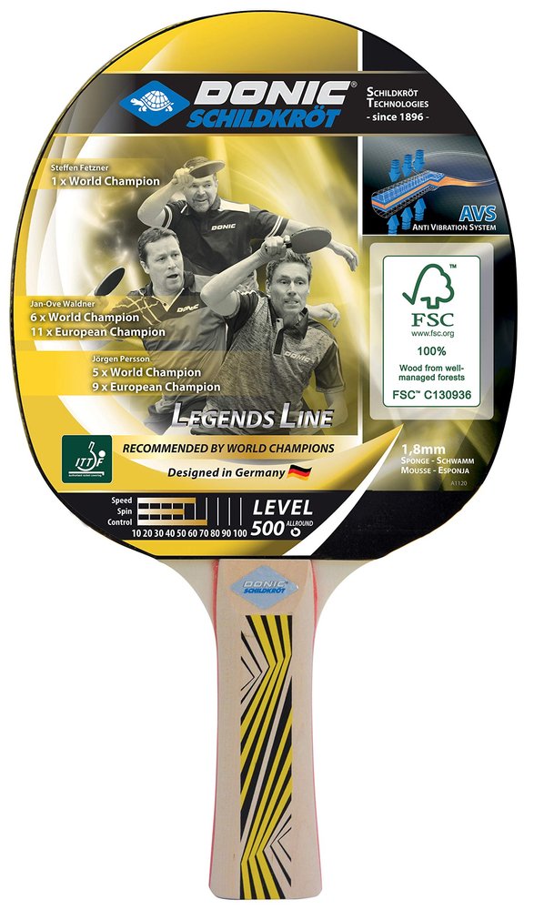 Donic-Schildkrt Legends 500 FSC Table Tennis Bat, AVS Handle Damping, 1.8 mm Sponge, FSC Wood, Elite - ITTF Rubber, 714407