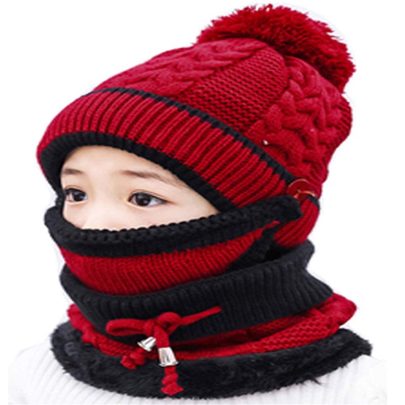 3 in 1 Winter Knitted Beanie Hat Scarf Mouth Mask Set for Girls Boys Kids, Warm Fleece Lined Ski Cap with Pompom Neck Warmer (Red)