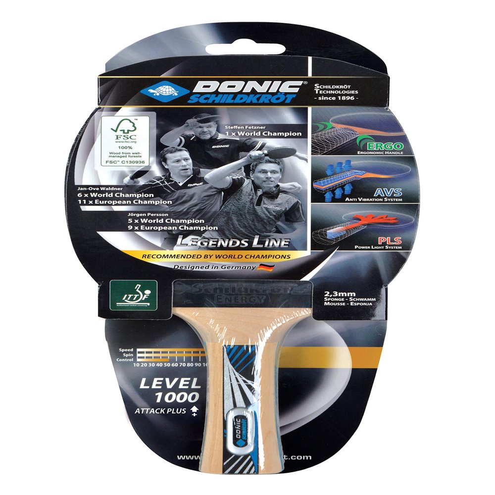 Donic-Schildkrt Legends 1000 Table Tennis Bat, AVS, PLS & Ergo-Grip, 2.3 mm Sponge, FSC Wood, Energy-ITTF Rubber, 754427