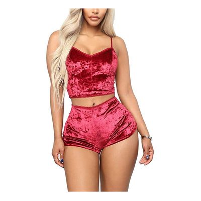 Women's Sexy Velvet Strappy Babydoll Lingerie Satin Pajama Set 2 Piece Outfit Spaghetti Strap Sleeveless Cami Crop Top Camisole and Shorts Bottom Sleepwear Pjs Set Chemise Nightwear Wine Red XL