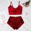 Women's Sexy Velvet Strappy Babydoll Lingerie Satin Pajama Set 2 Piece Outfit Spaghetti Strap Sleeveless Cami Crop Top Camisole and Shorts Bottom Sleepwear Pjs Set Chemise Nightwear Wine Red S view 3