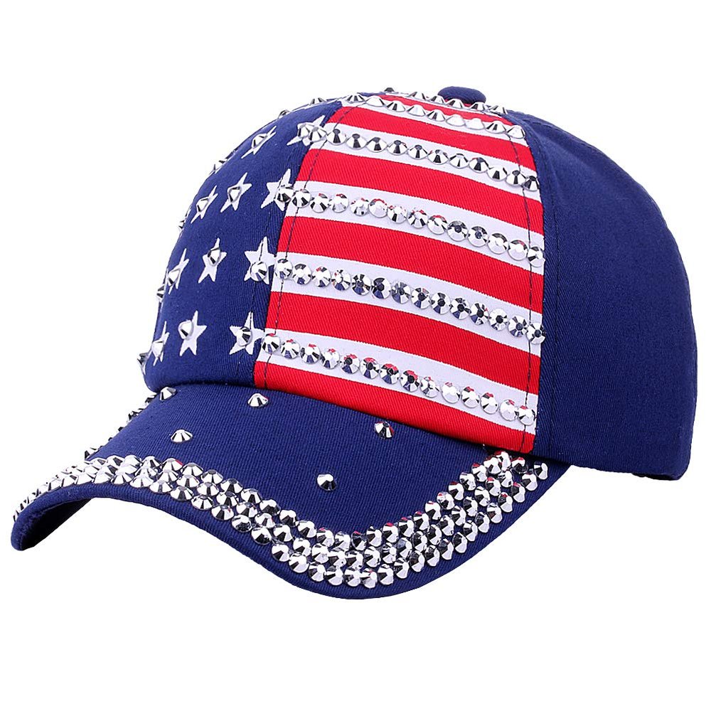 oaesc Patriotic American Flag Baseball Cap USA Bling Sparkle Hat for Women 4th July Summer Sun Cap Blue