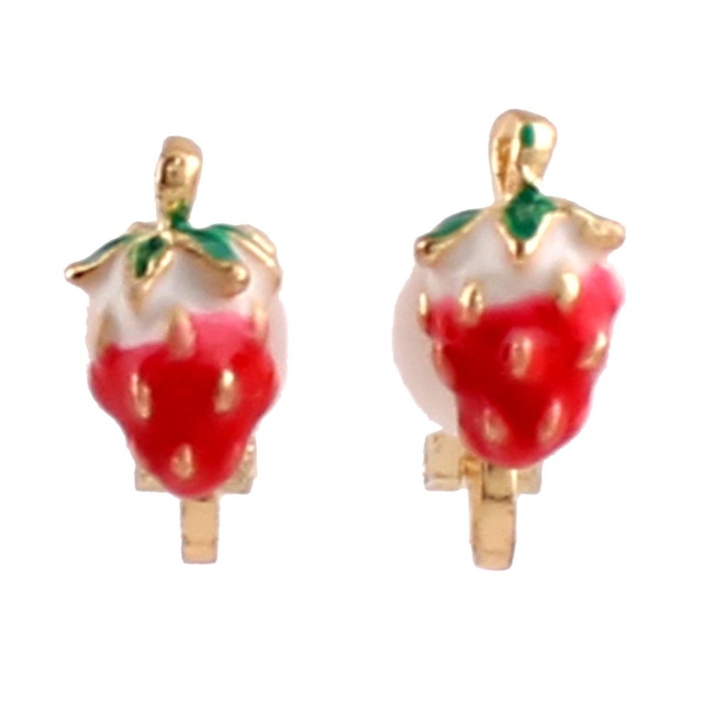 Fashion Cute Small Clover Bowknot Flower Cartoon Clip on Earrings Non Piercing for Women Charm Ear Clip (XHEJ259-Short strawberry)