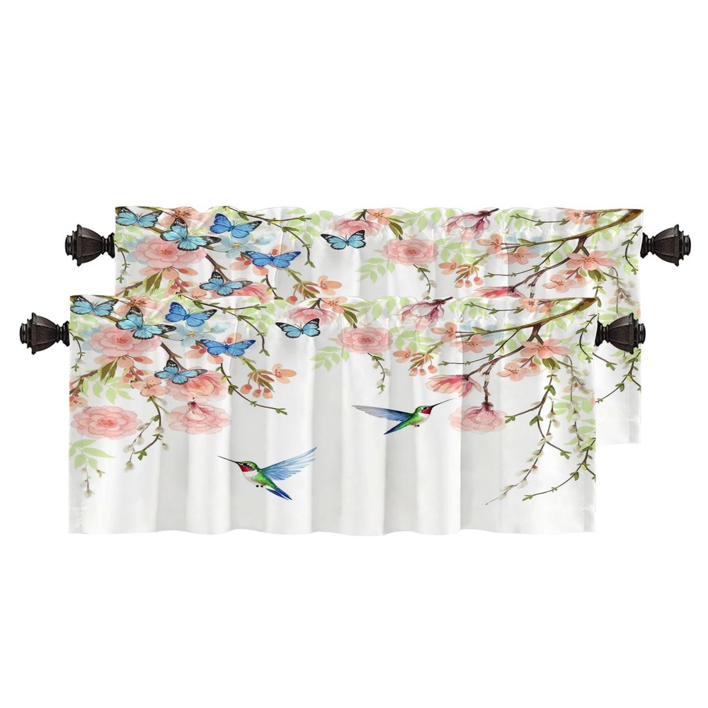 BaoNews Pink Japanese Flowers Birds Kitchen Valances for Windows,Blue White Style Cherry Blossoms Blackout Valances Curtains Multilayer Polyester Drapes for Kitchen Bedroom 2 Pack 52X18 Inches