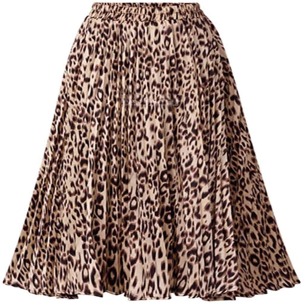 Womens Skirt Leopard Print Midi Long Shirring Skirts High Waisted A Line Skirtss Yellow M