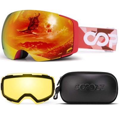 COPOZZ Polarized Ski Goggles Set, M1 Magnetic Snowboard OTG UV400 Skiing Goggles  (Red Lens Red Frame VLT-16.1%)