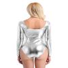 Yartina Womens Metallic Bodysuit Patent Leather Gymnastic Dance Leotard Tops Long Sleeve Blouse Clubwear Silver X-Large view 4