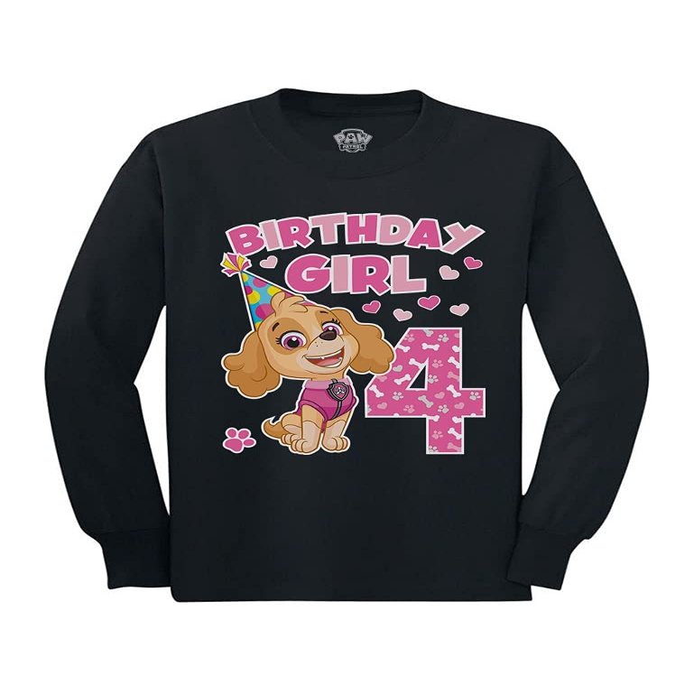 4th Birthday Girl Shirt - Paw Patrol Skye Long Sleeve Tee and Fun Party Gift for 4-Year-Old Toddlers and Kids 4T Black
