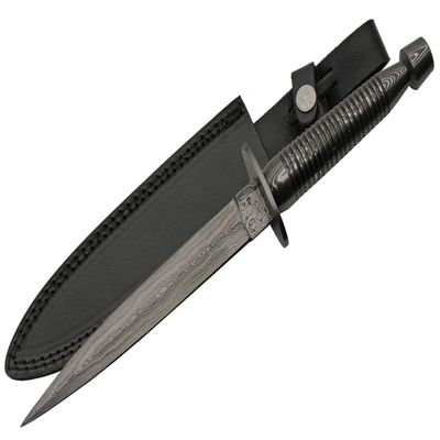 SANZ Damascus Hunting Knife 12.5 Inch - Camping Knife with Full Tang Blade, Damascus Handle & Sheath - Black Outdoor Knife for Hunting, Camping & Outdoor uses
