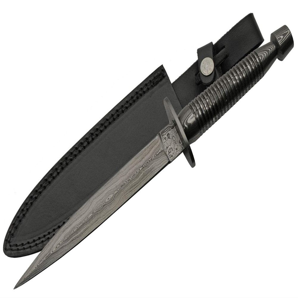 SANZ Damascus Hunting Knife 12.5 Inch - Camping Knife with Full Tang Blade, Damascus Handle & Sheath - Black Outdoor Knife for Hunting, Camping & Outdoor uses