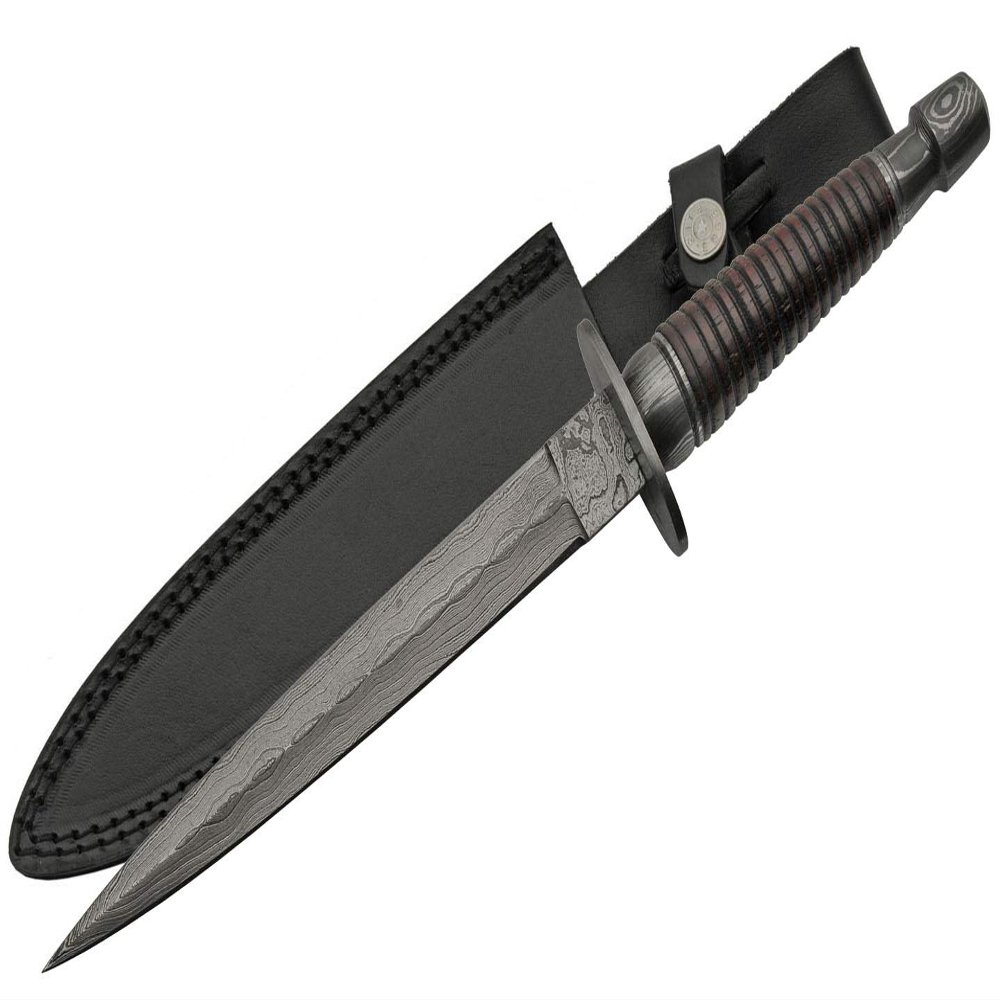SZCO SANZ Damascus Hunting Knife 12.5 Inch - Camping Knife with Wood Handle, Full Tang Blade & Sheath - Outdoor Knife for Hunting, Camping & Outdoor uses